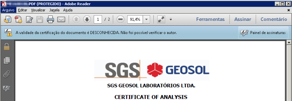 Mensagem de certificação desconhecida que aparece caso o Acrobat Reader não tenha sido configurado para reconhecer a assinatura