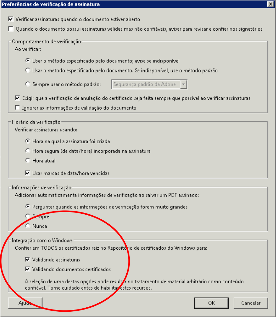 É necessário marcar a opção 'Validando documentos certificados' para que o Acrobat Reader reconheça a assinatura digital da SGS Geosol.