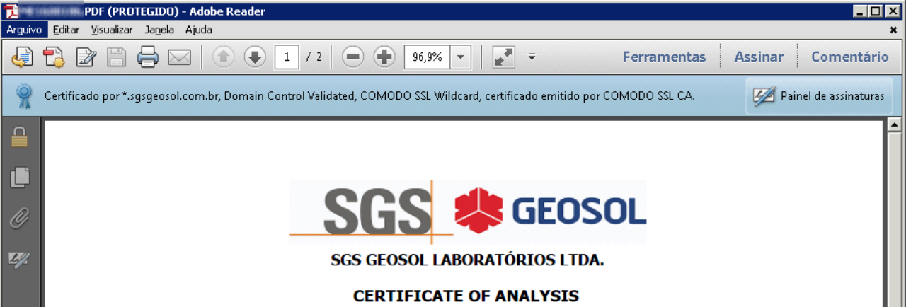 Depois de configurado, o Acrobat Reader reconhece corretamente que um certificado foi assinado digitalmente pela SGS Geosol.