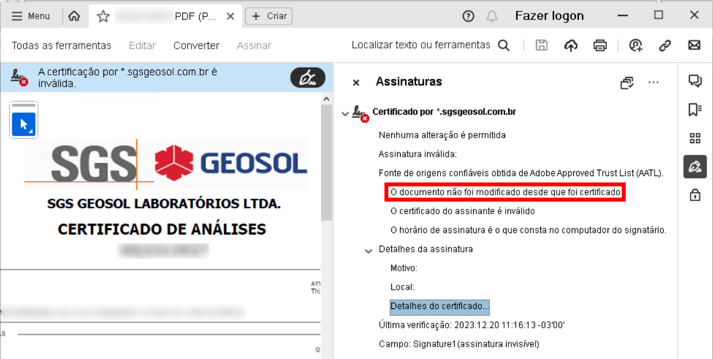 Adobe Reader indicando que a assinatura é inválida, mas mostrando que o documento não foi modificado desde que foi assinado