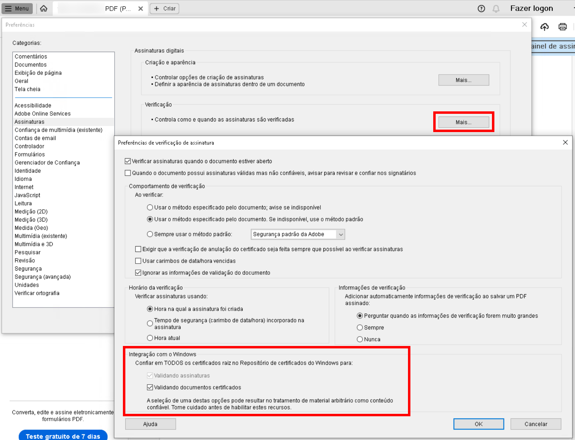 Dentro das preferências do Adobe Reader DC, selecione "Assinaturas" e dentro de "Verificação", o botão "Mais". Verifique que as duas opções dentro da seção "Integração com Windows" estejam marcadas.