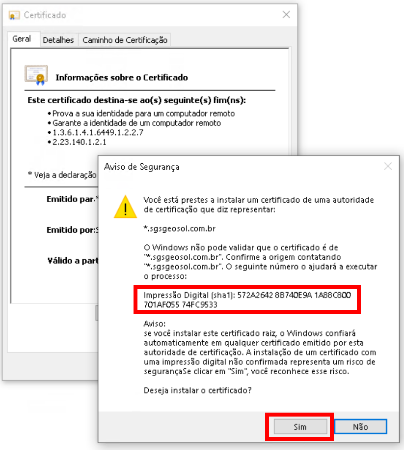 Confirmacao da importacao do certificado