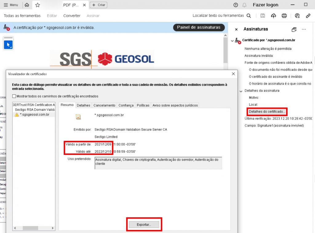 Exportando o certificado mostrado no Adobe Reader